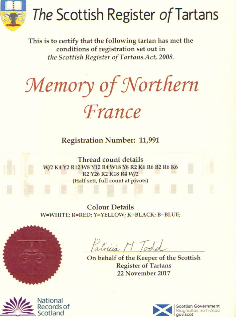 Certificat d'enregistrement de tartan personnalisé en Écosse
