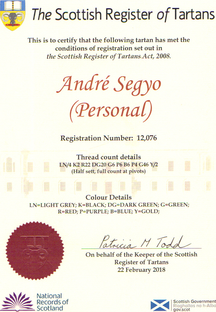 Certificat d'enregistrement de tartan personnalisé en Écosse
