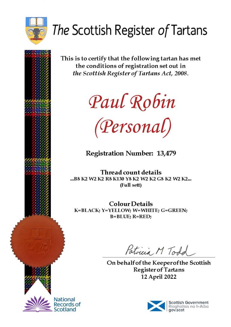 Certificat d'enregistreent de tartan personnalisé en Écosse